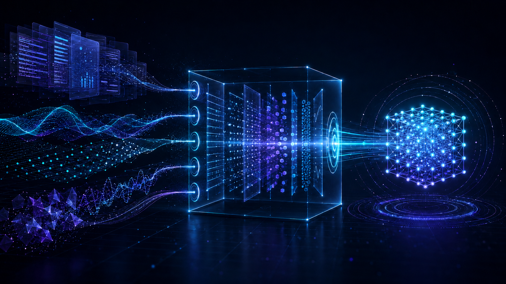 Abstract data streams being transformed into a structured intelligence model.